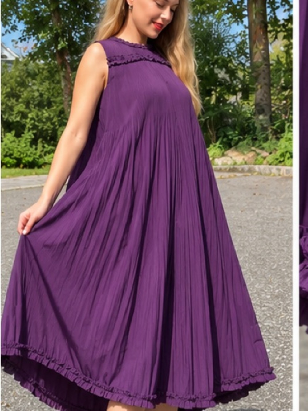 Sleeveless Midi Dress in Deep Plum with Ruffle Detail - Women